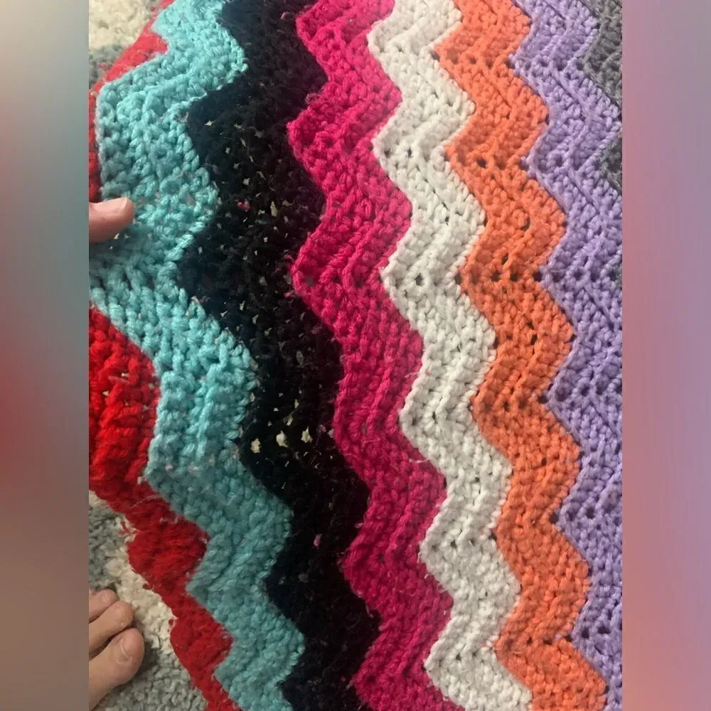 VTG Crochet Afghan Multi Color Hippie Boho Stripe Funky Large Blanket Chevron